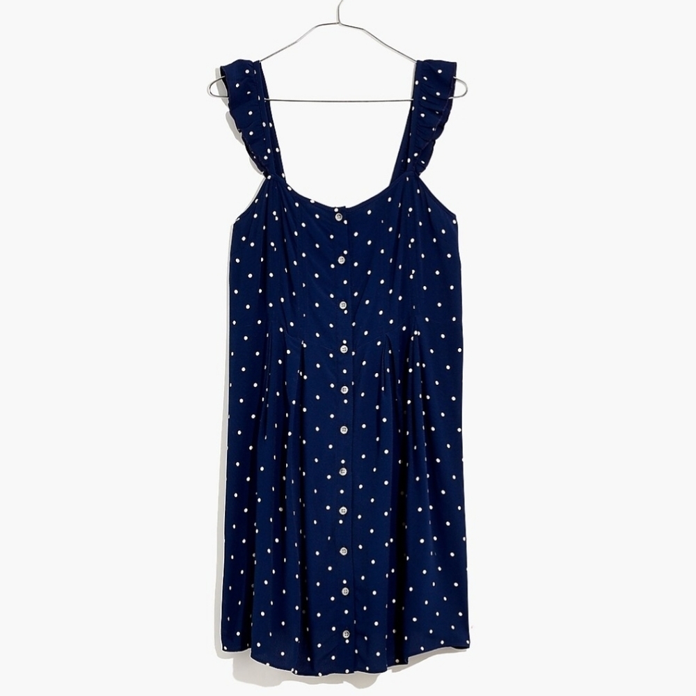 Madewell Ruffle-Strap Button-Front Dress in Polka Dot Navy Blue size 4